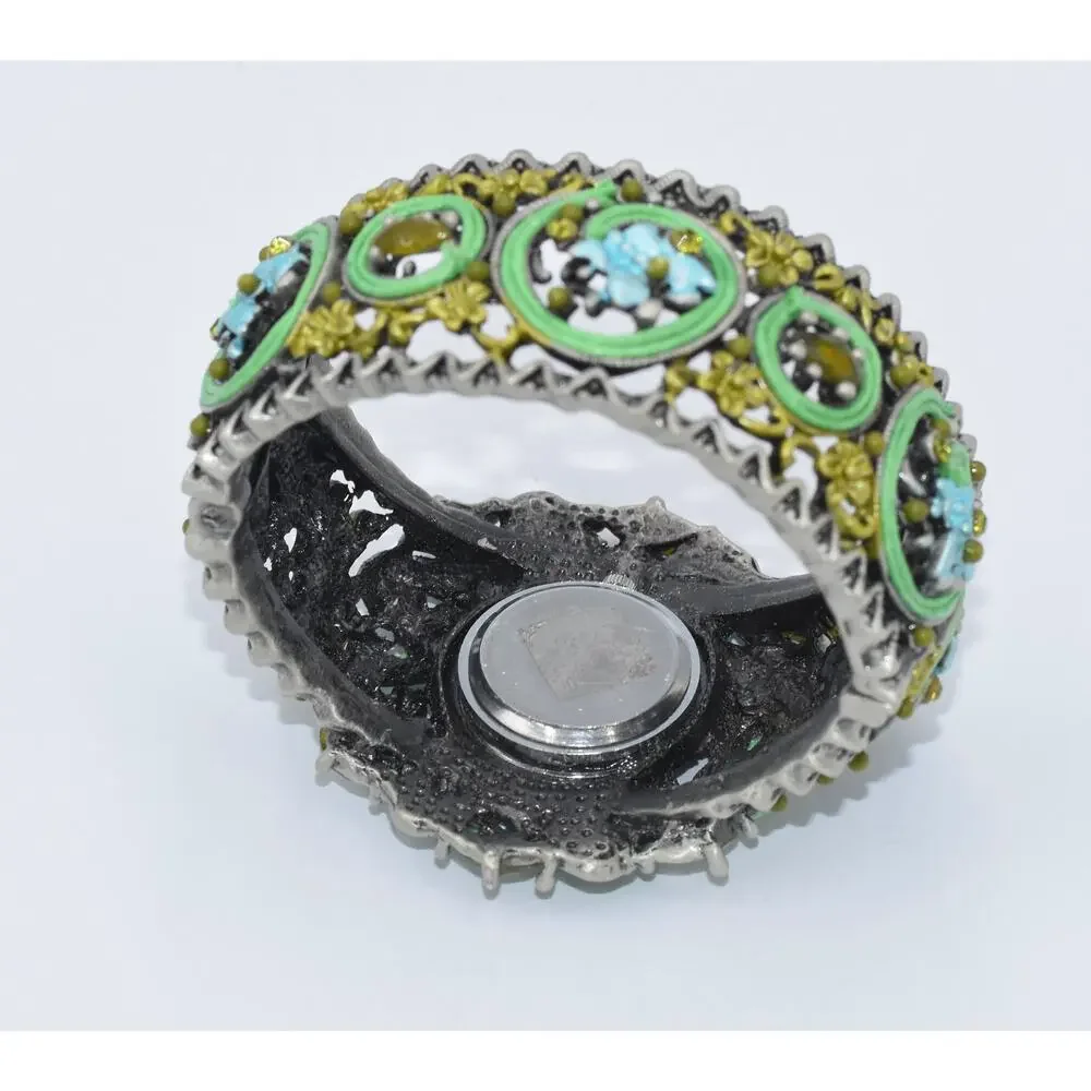 Geneva Couture Ribbon Soutache & Crystal Ornate Quartz Cuff Watch NEW BATTERY